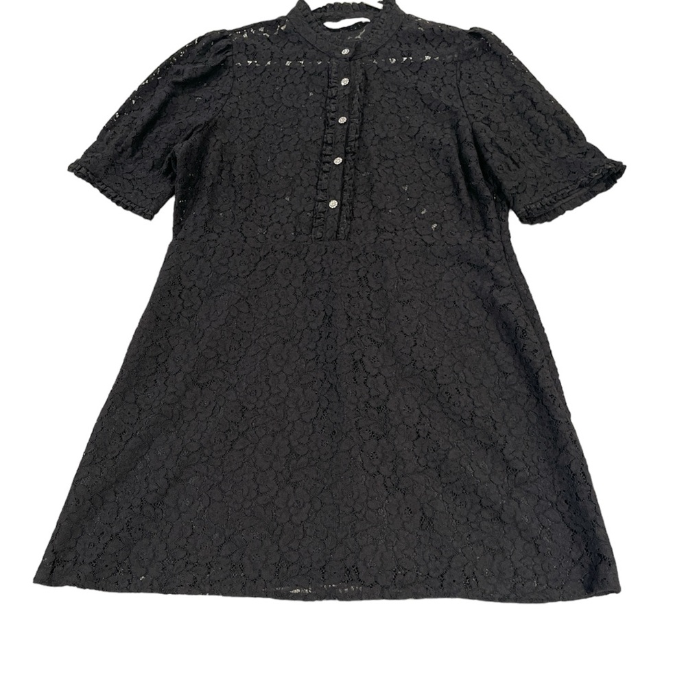 Zara Black Lace Mini Dress With Jewel Buttons Semi Sheer Puff Sleeve - Picture 4 of 9